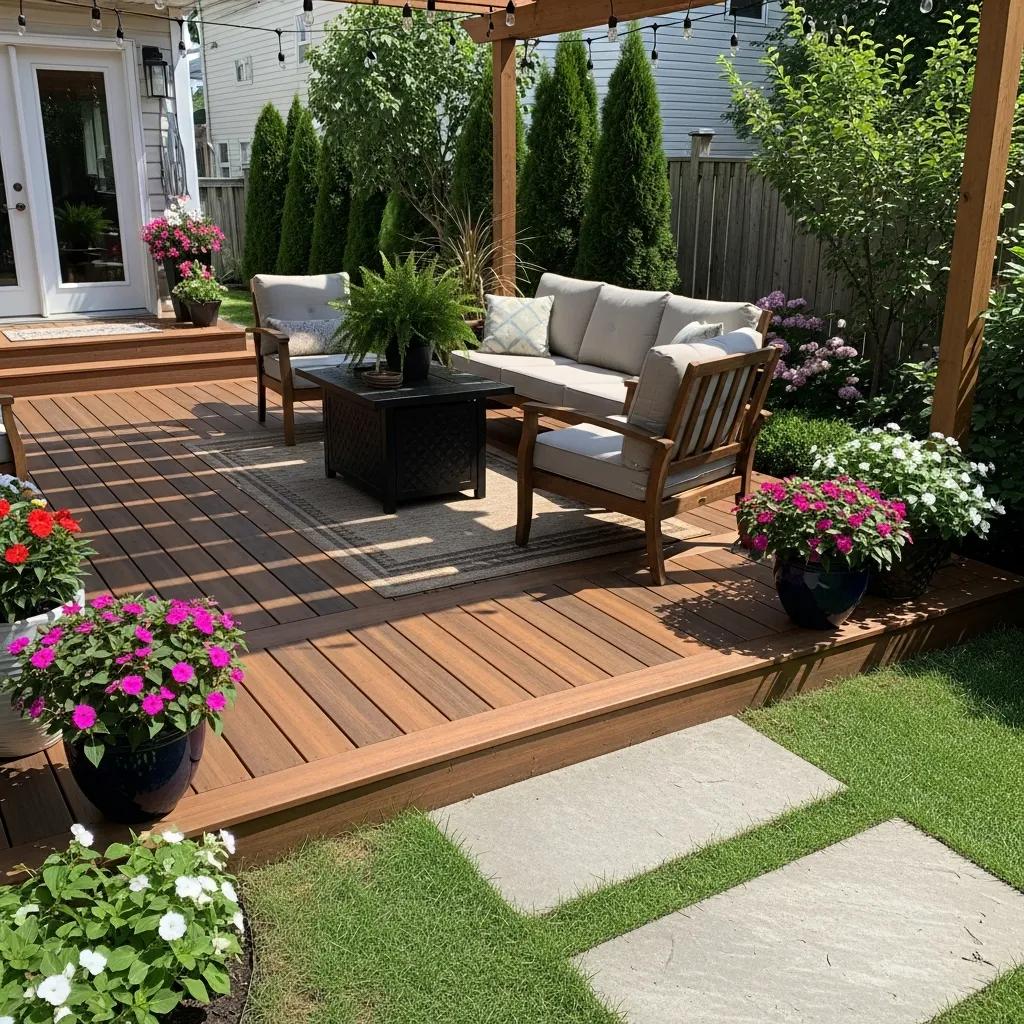 Beautifully constructed wooden deck showcasing various materials in a cozy backyard setting